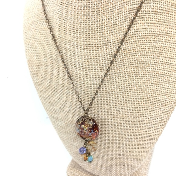 COPPER BRASS PAINTED GLASS AMBER COLORED BALL PENDANT ETCHED LEAVES DANGLE - Picture 4 of 12